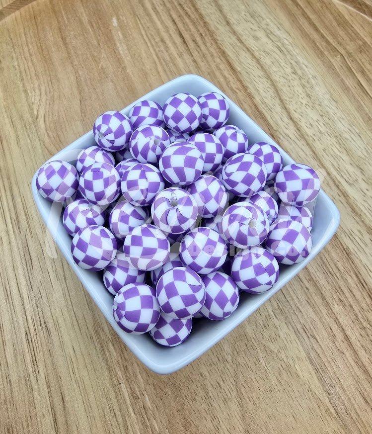 15mm Patterned Silicone Bead - Purple Checker