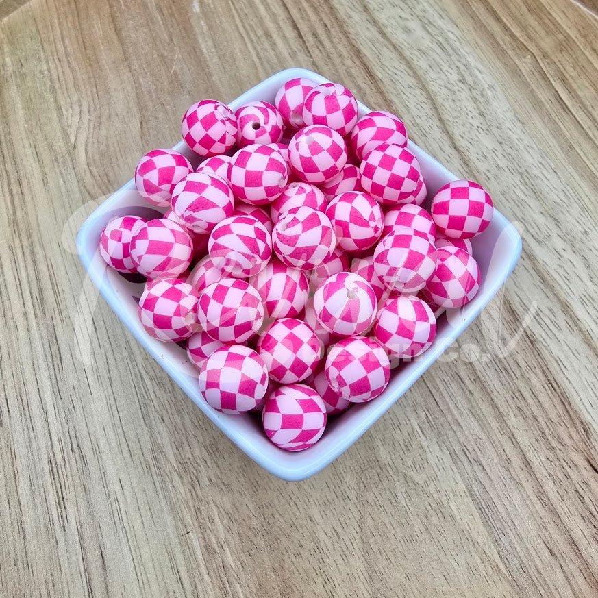 15mm Patterned Silicone Bead - Pink Checker