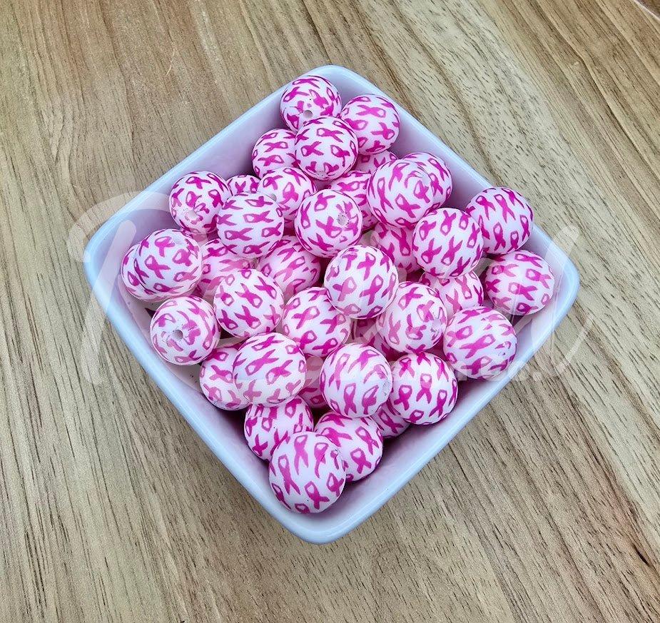 15mm Patterned Silicone Bead - Breast Cancer Ribbon Print