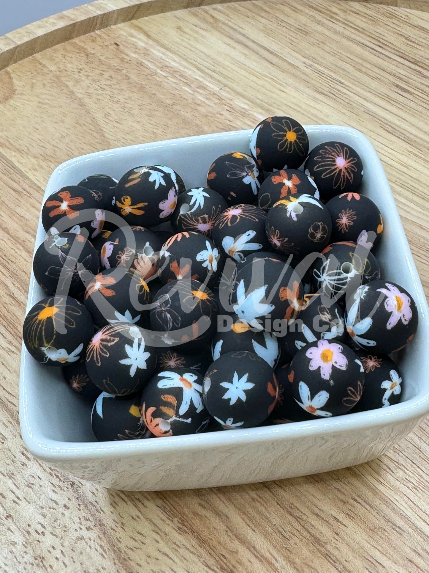 15mm Patterned Silicone Bead - Midnight Garden