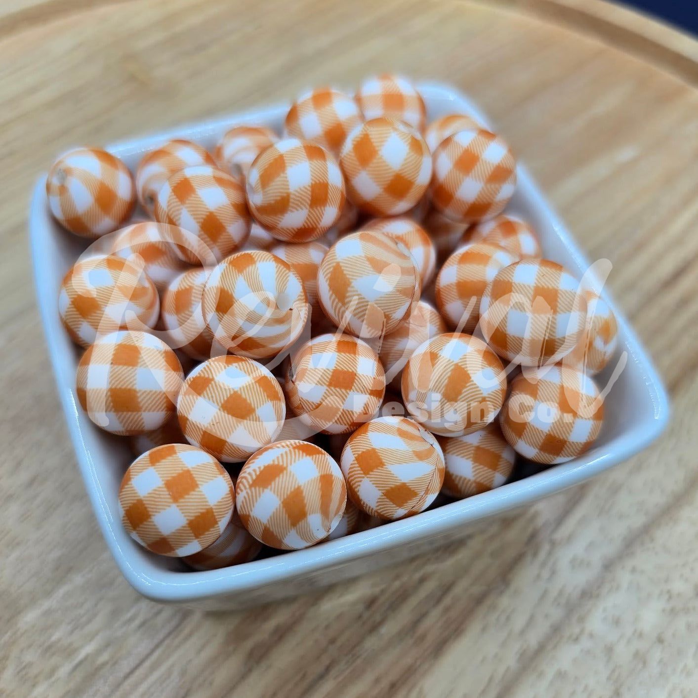15mm Patterned Silicone Bead - Golden Gingham