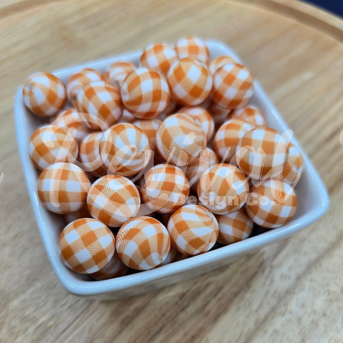 15mm Patterned Silicone Bead - Golden Gingham