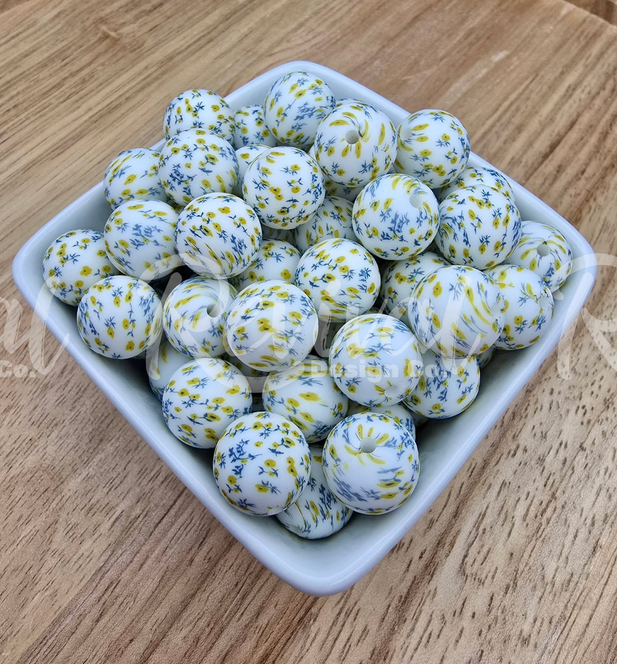 15mm Patterned Silicone Bead - Cottage Floral