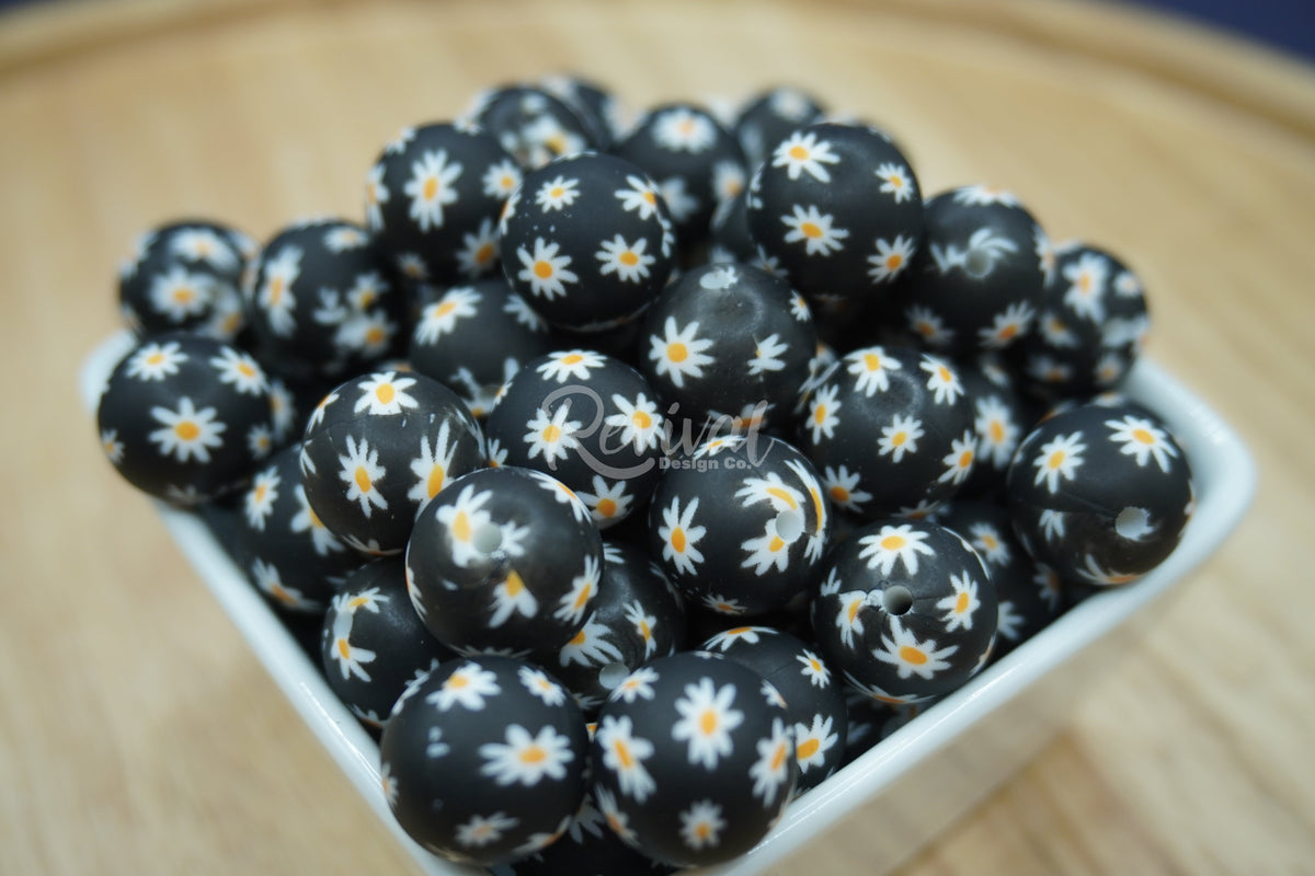 15mm Patterned Silicone Bead - Midnight Daisy