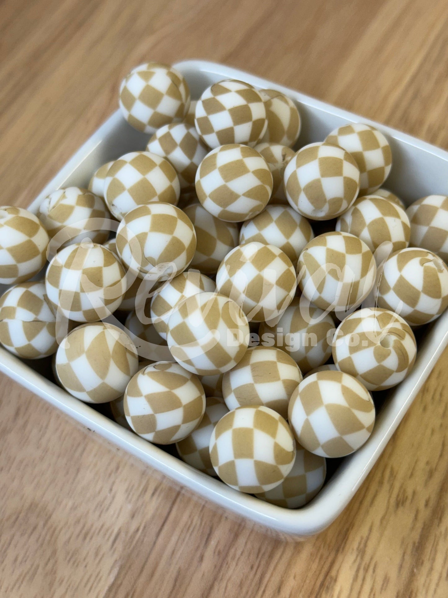 15mm Patterned Silicone Bead - Tan Checker