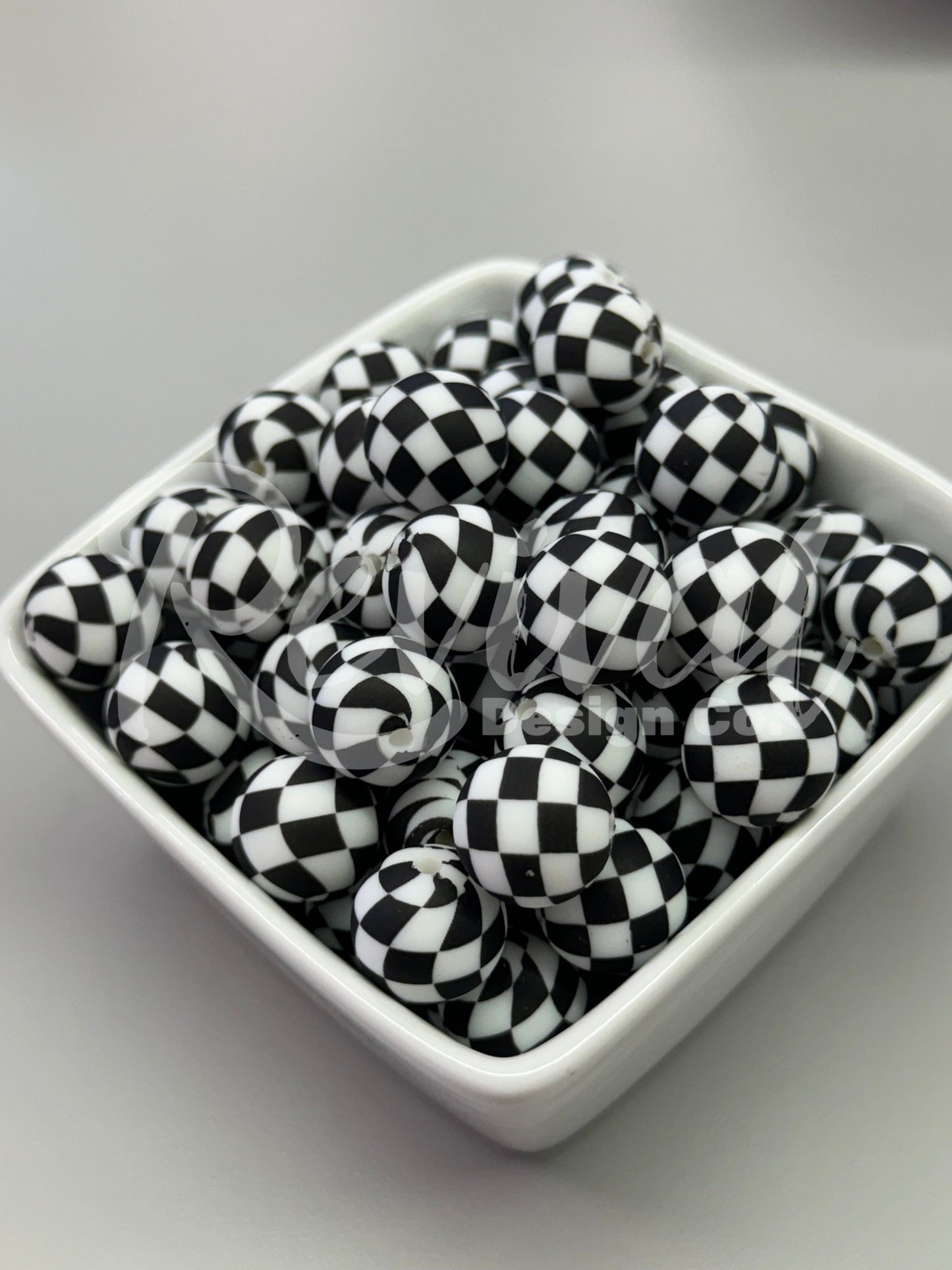 15mm Patterned Silicone Bead - Black Checker