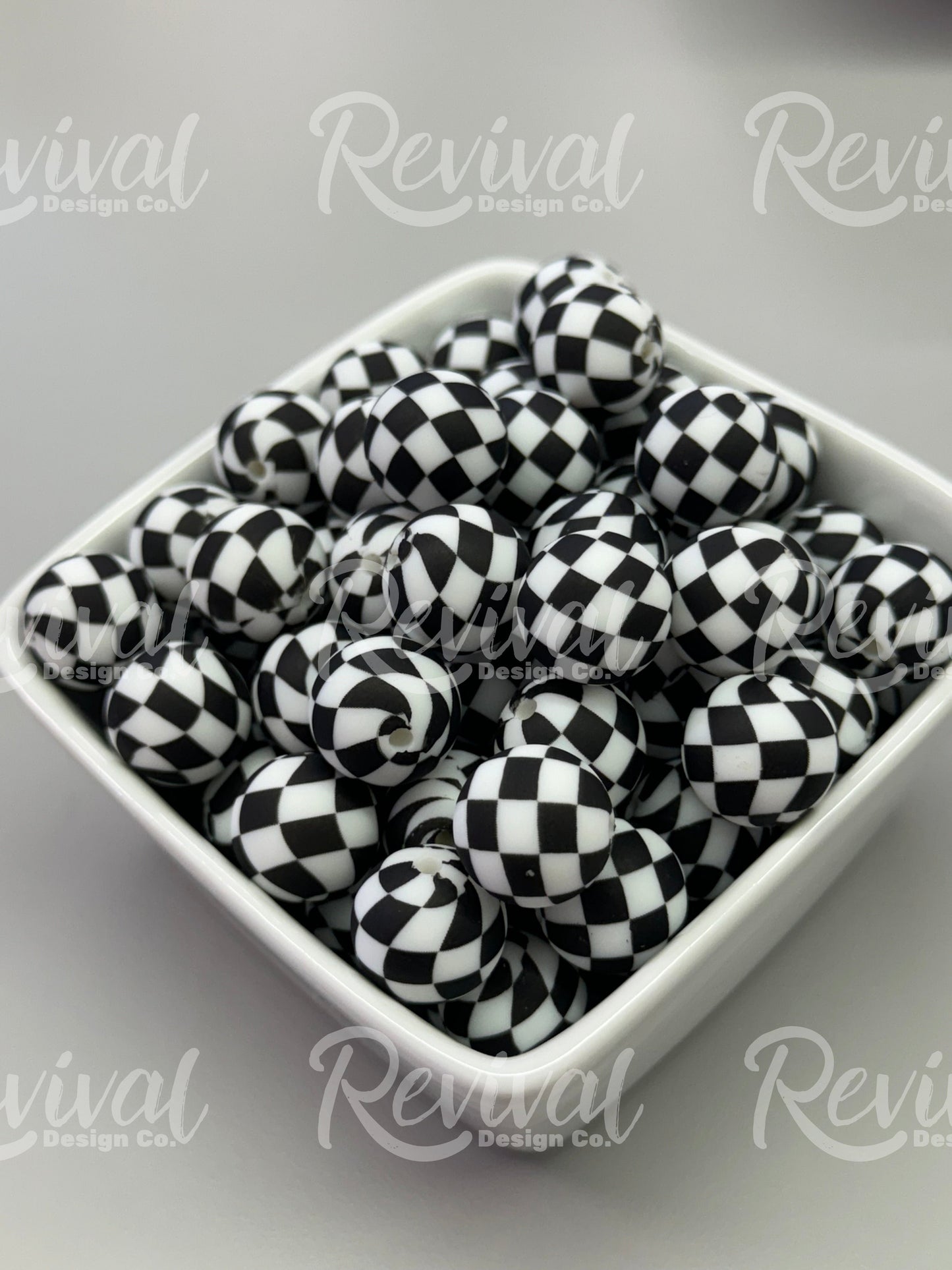 15mm Patterned Silicone Bead - Black Checker