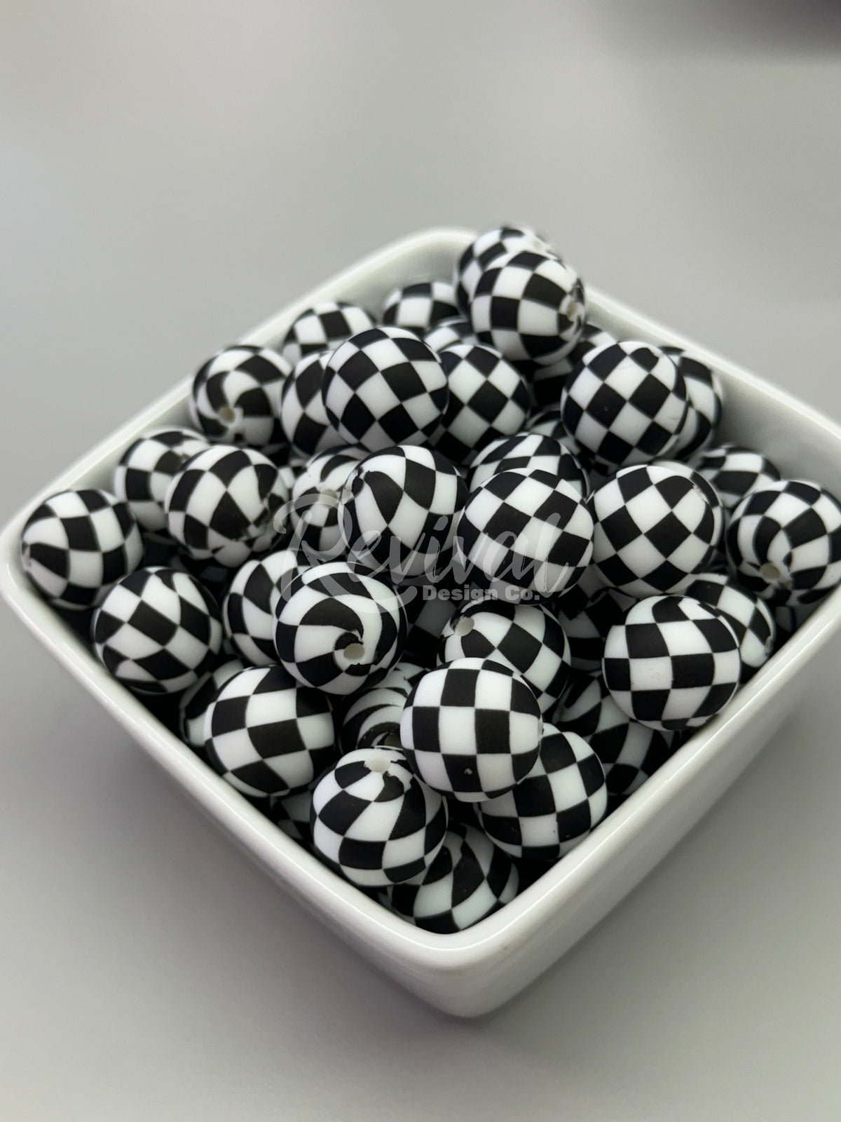 15mm Patterned Silicone Bead - Black Checker