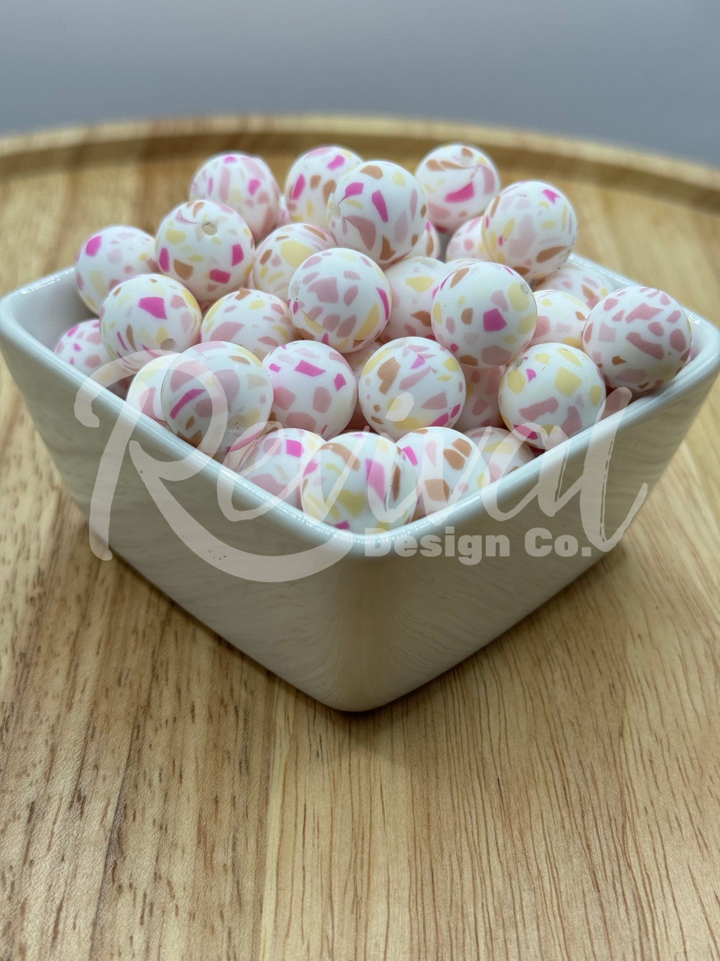 15mm Patterned Silicone Bead - Pink Terrazzo