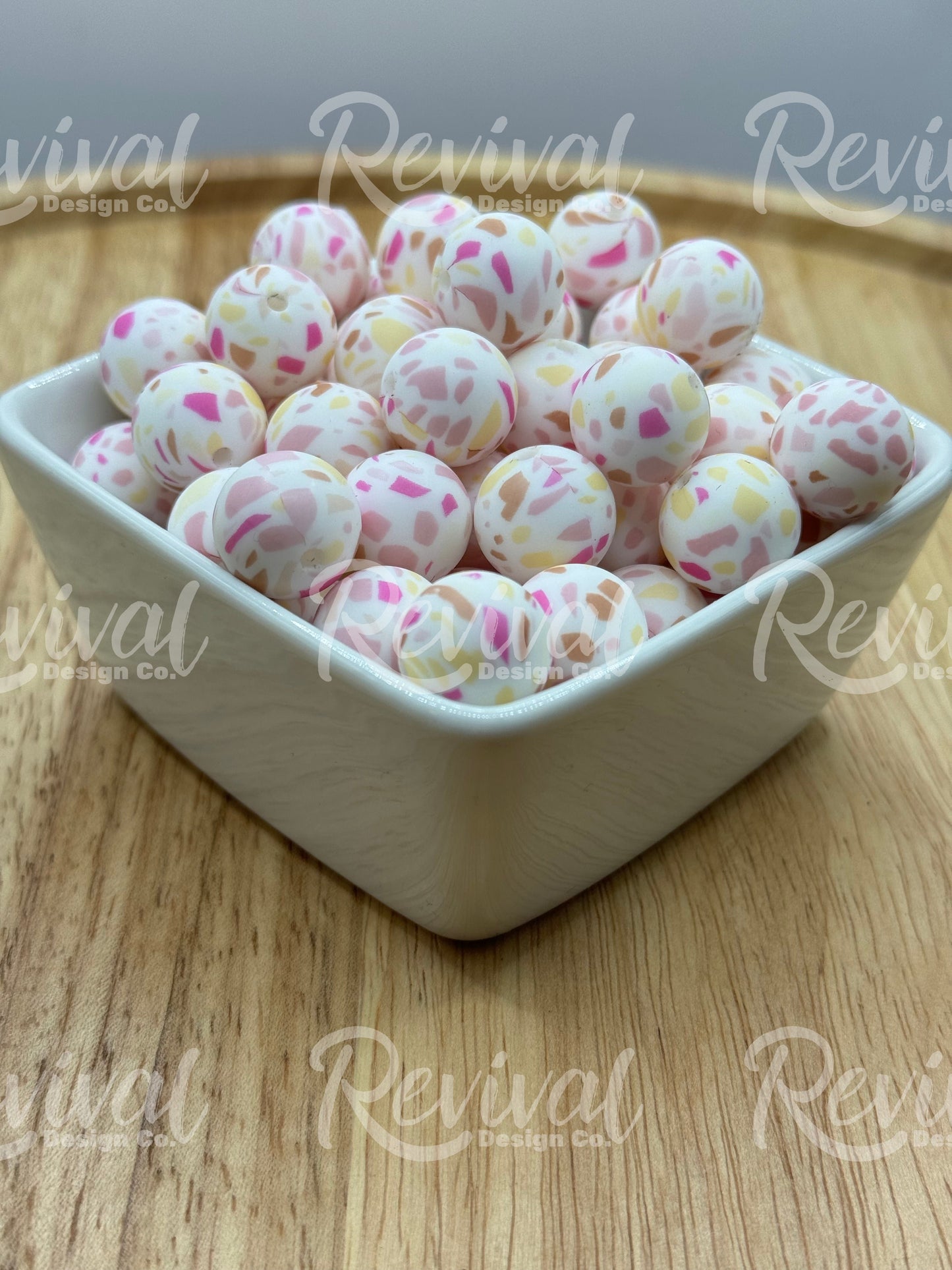 15mm Patterned Silicone Bead - Pink Terrazzo