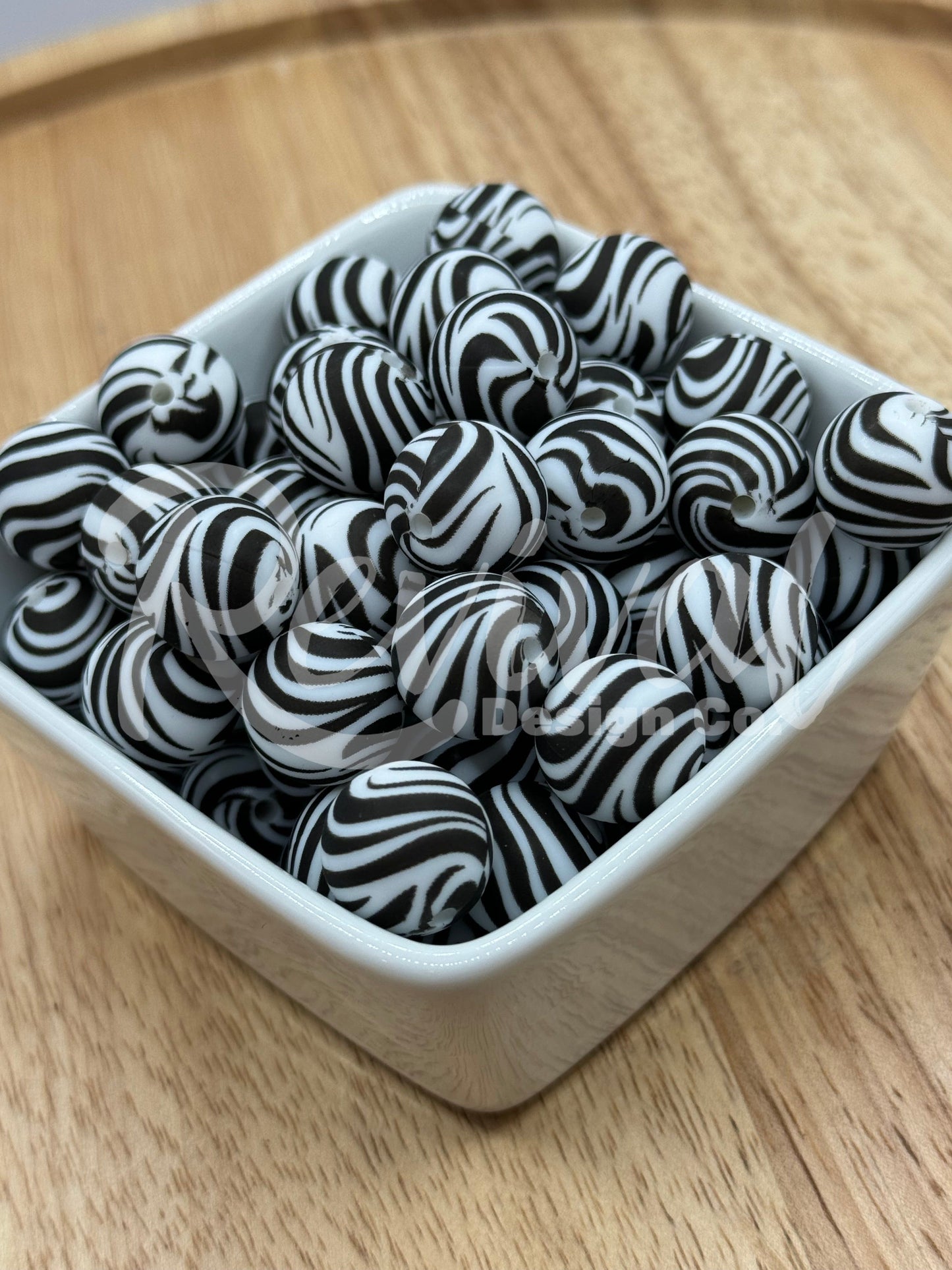 15mm Patterned Silicone Bead - Zebra