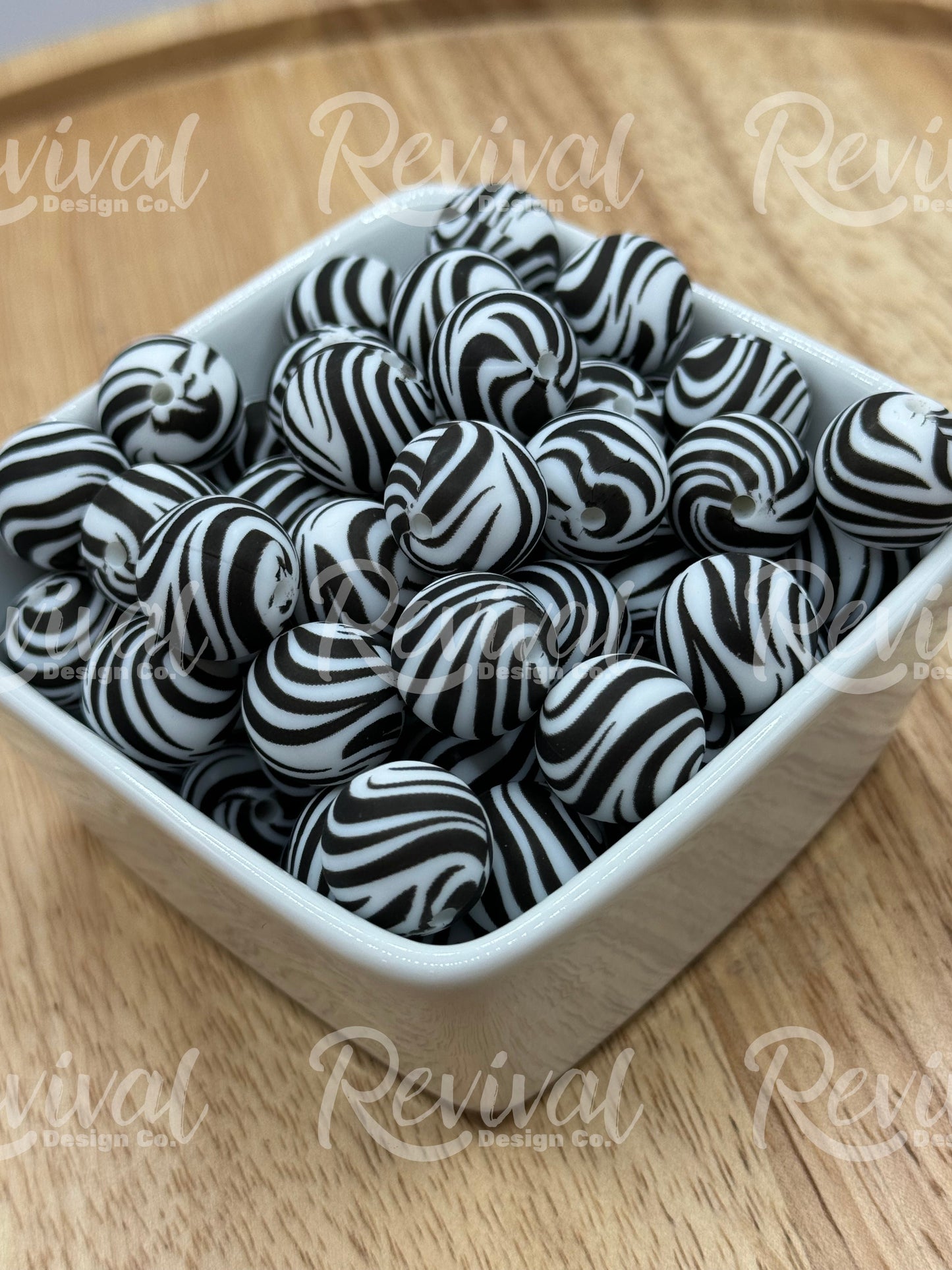 15mm Patterned Silicone Bead - Zebra