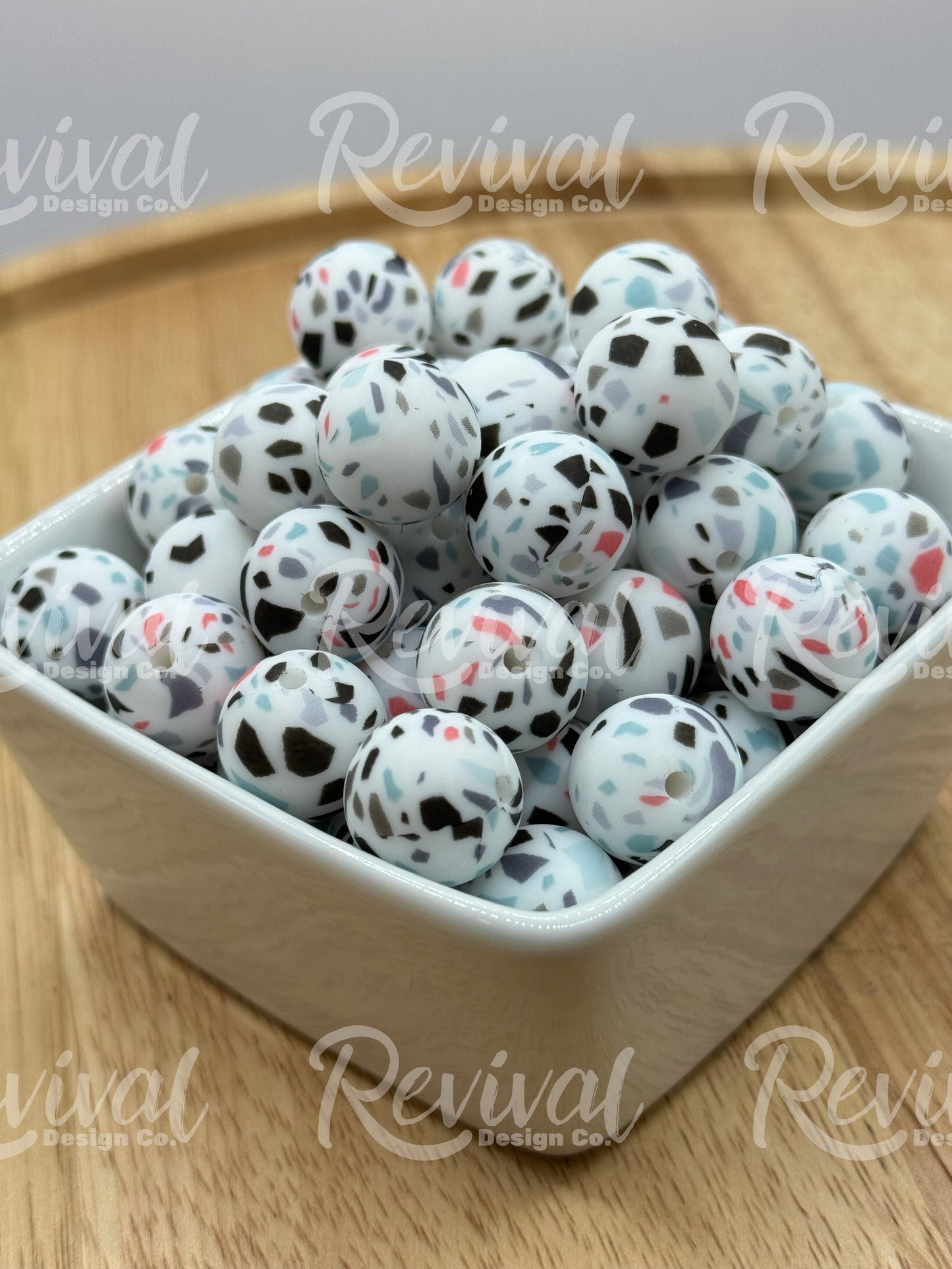15mm Patterned Silicone Bead - Blue Terrazzo