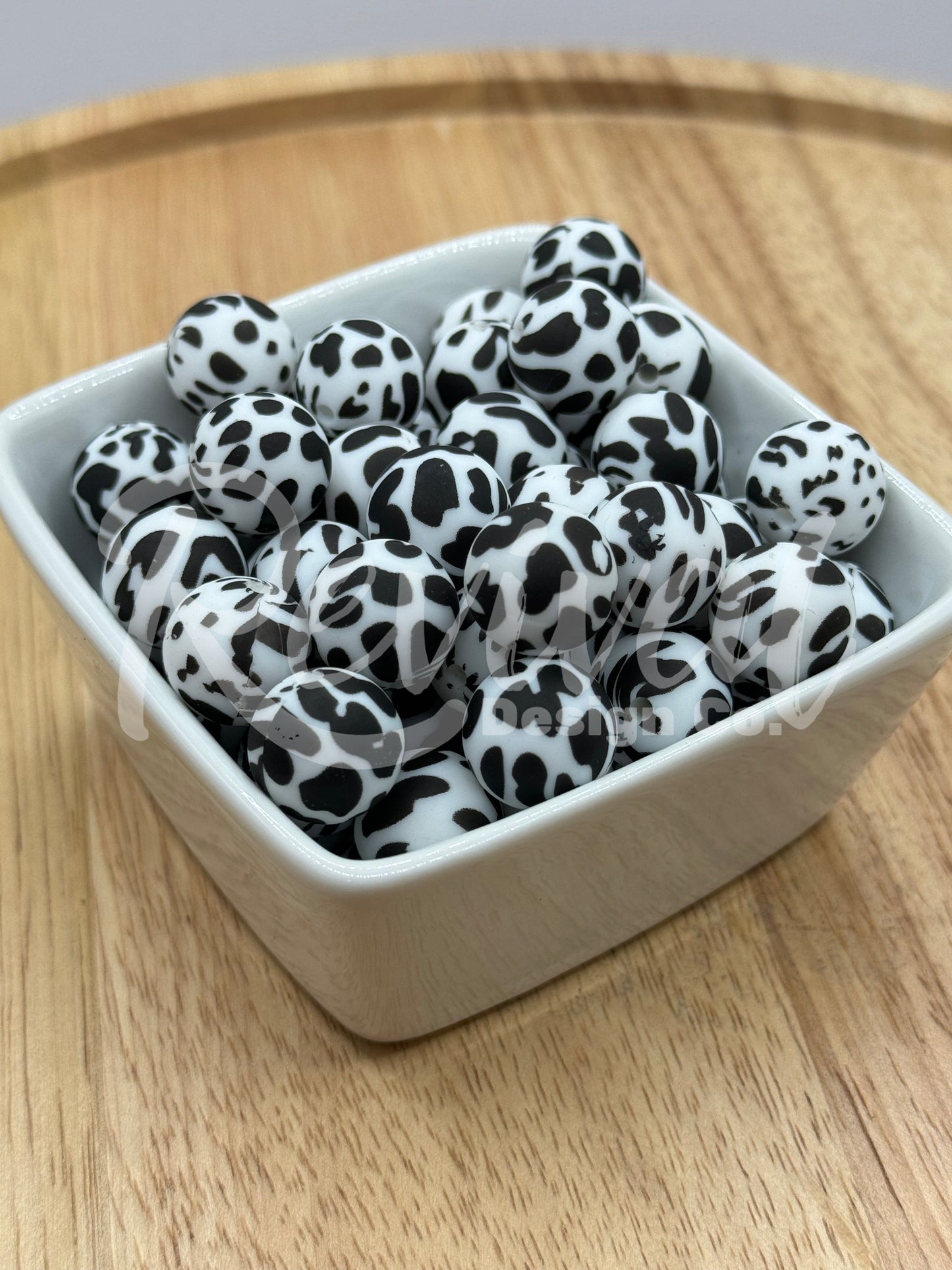 15mm Patterned Silicone Bead - Cow Print