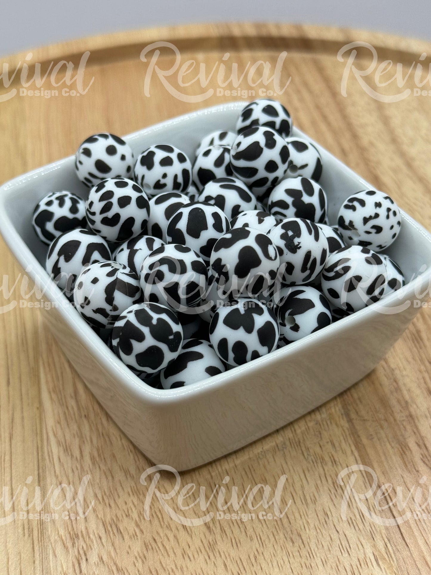 15mm Patterned Silicone Bead - Cow Print