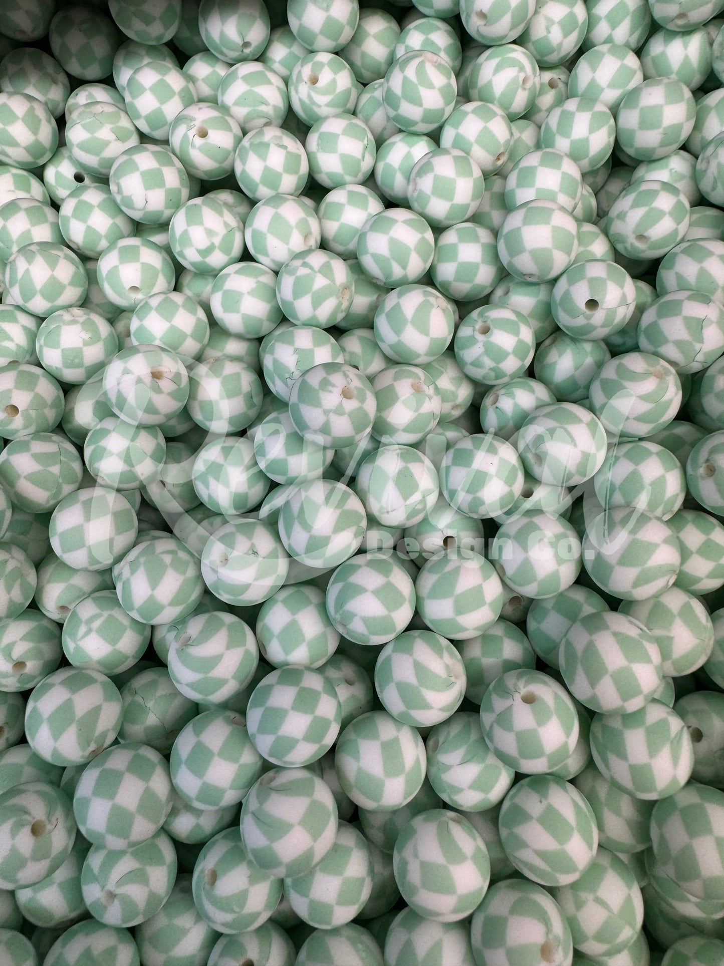 15mm Patterned Silicone Bead - Sage Checker