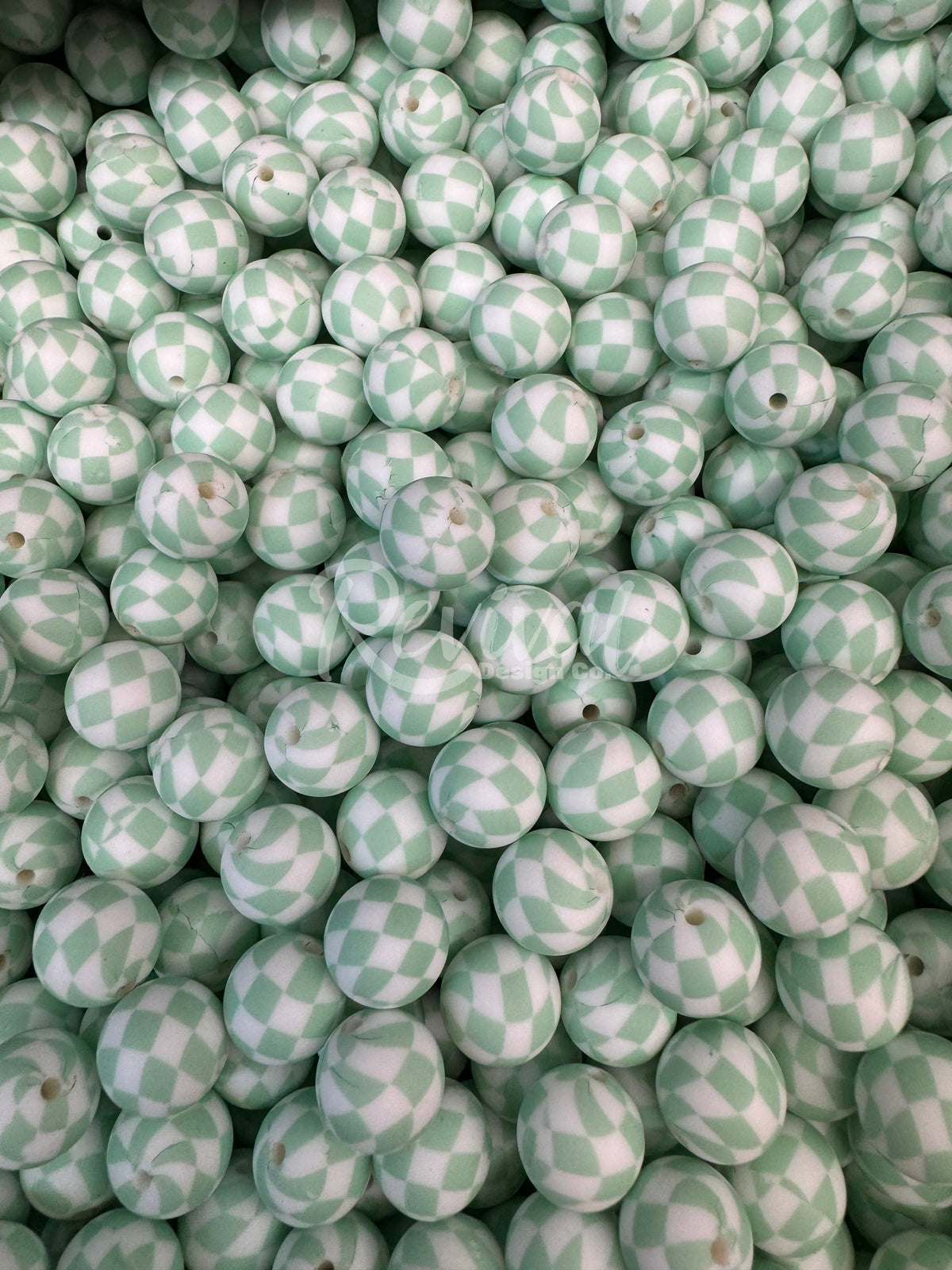 15mm Patterned Silicone Bead - Sage Checker