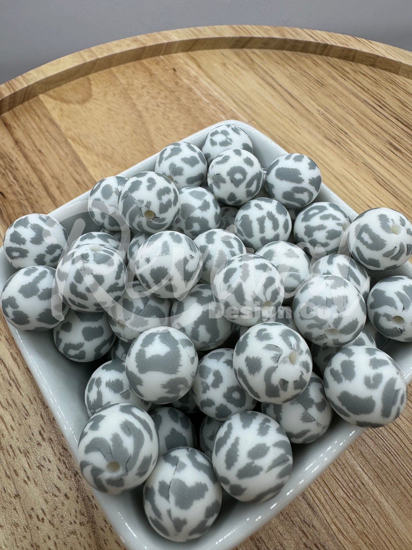 15mm Patterned Silicone Bead - Gray Leopard