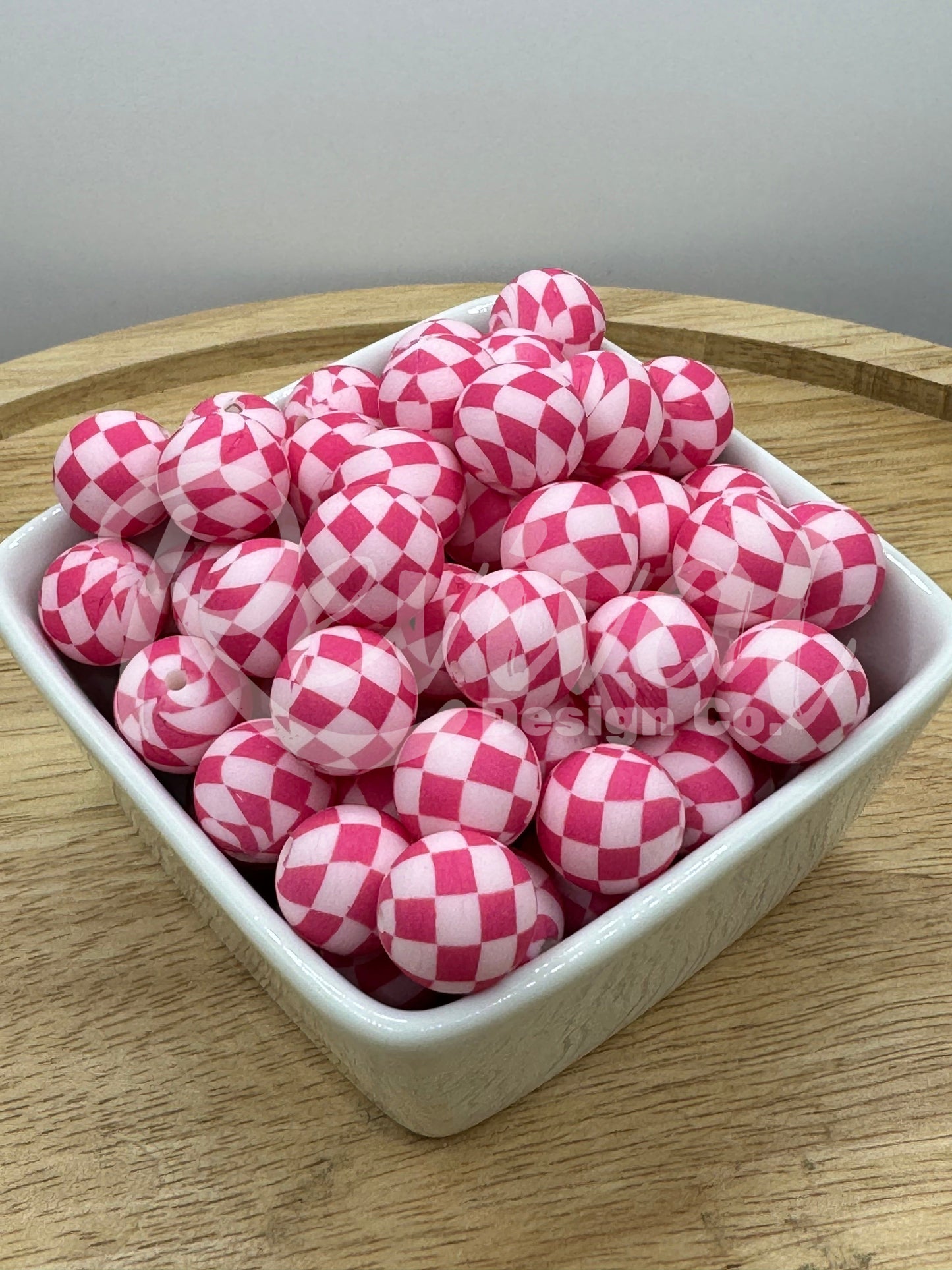 15mm Patterned Silicone Bead - Murphy's Check- Pink