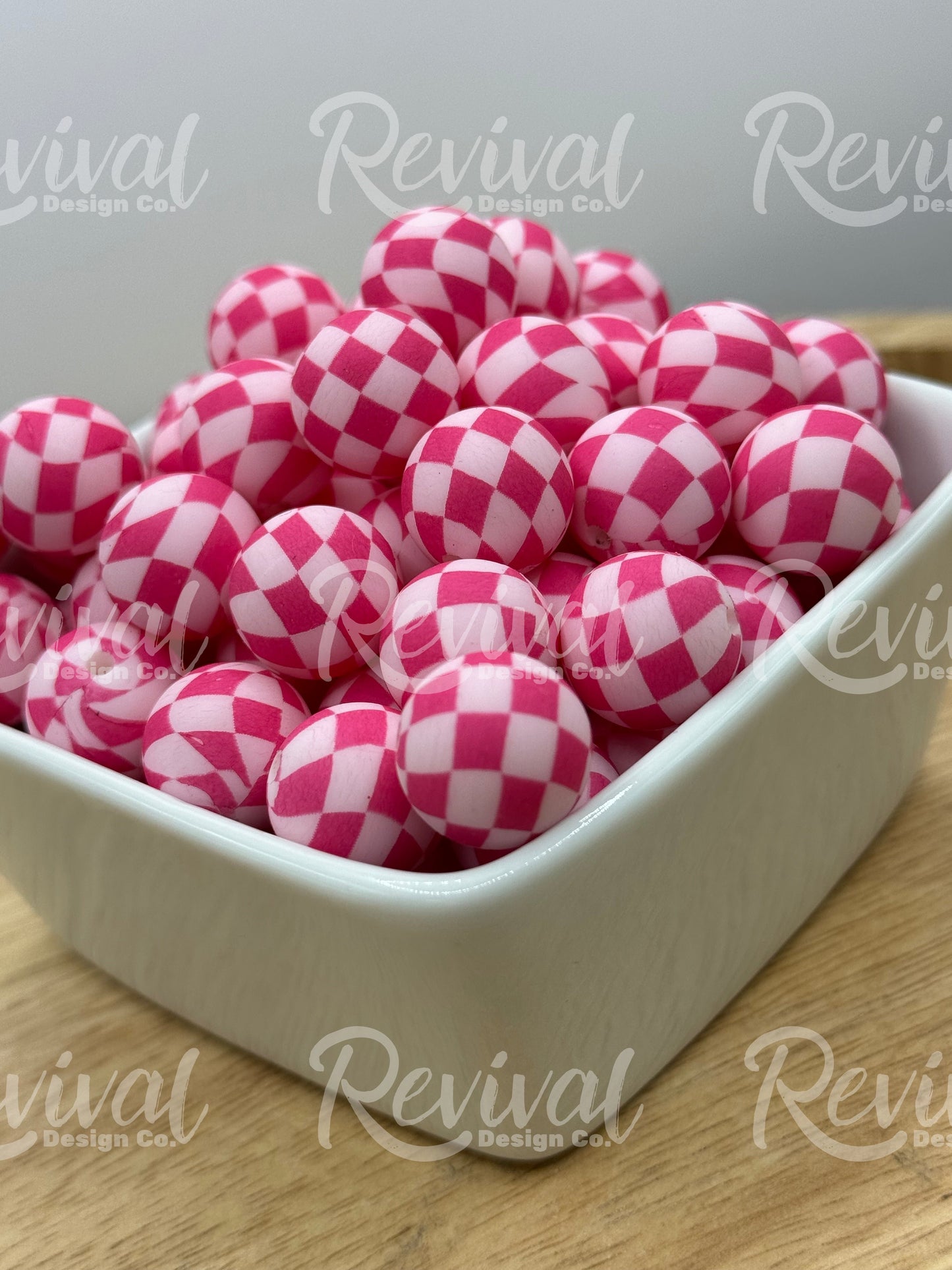 15mm Patterned Silicone Bead - Pink Checker