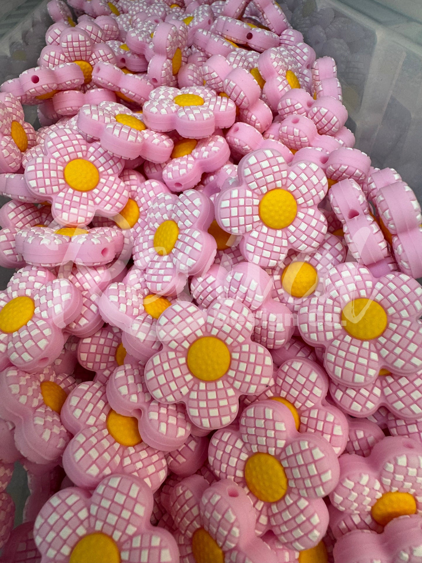 Pink Checker Flower - Silicone Focal Bead