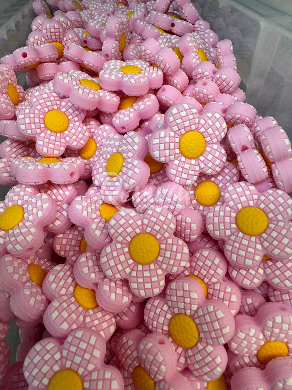 Pink Checker Flower - Silicone Focal Bead