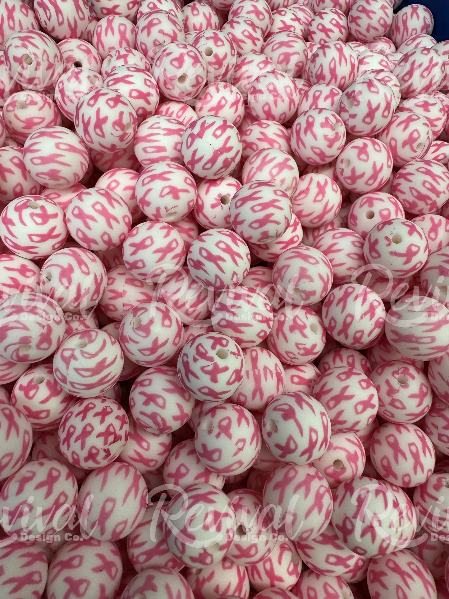 15mm Patterned Silicone Bead - Breast Cancer Ribbon Print
