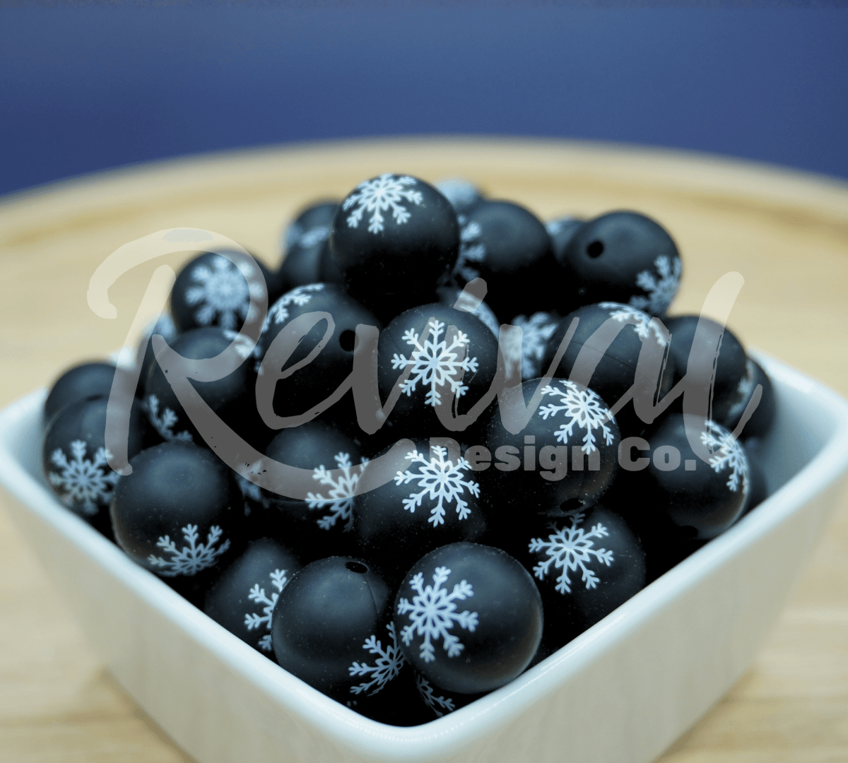 15mm Patterned Silicone Bead - Black Snowflake