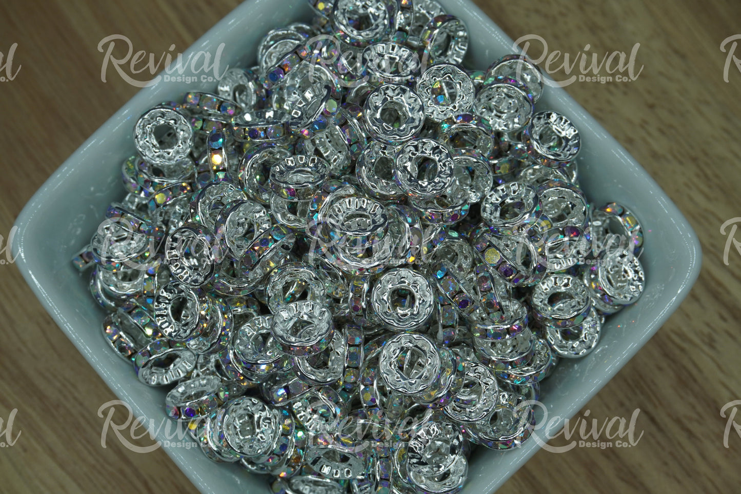 LARGE HOLE 10mm Rhinestone Spacers - Holographic Silver