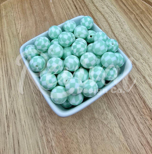 15mm Patterned Silicone Bead - Sage Checker