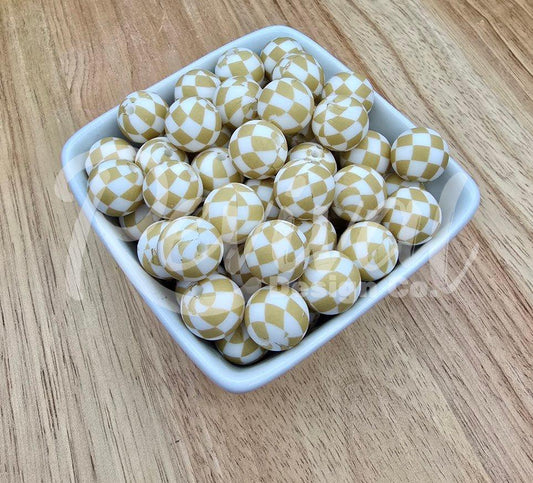 15mm Patterned Silicone Bead - Tan Checker