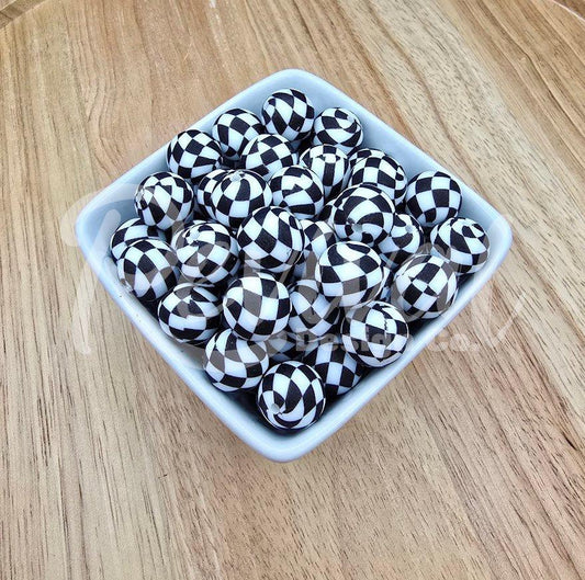 15mm Patterned Silicone Bead - Black Checker