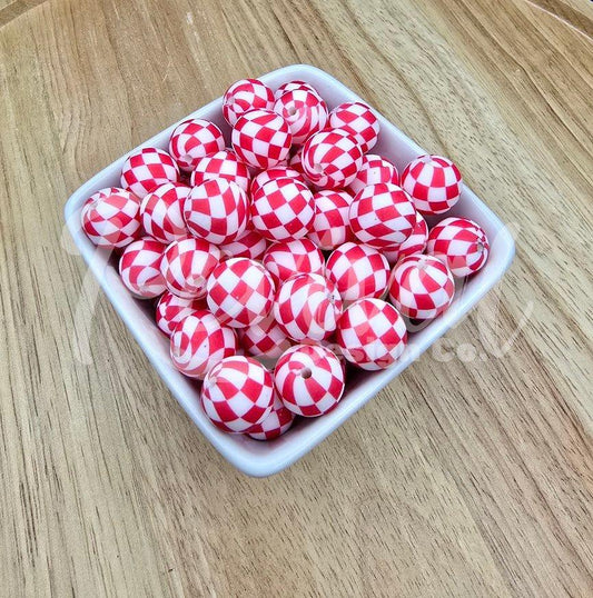 15mm Patterned Silicone Bead - Red Checker