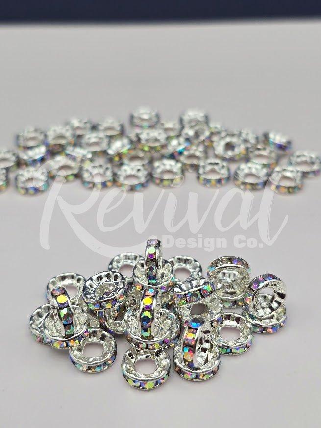 LARGE HOLE 10mm Rhinestone Spacers - Holographic Silver