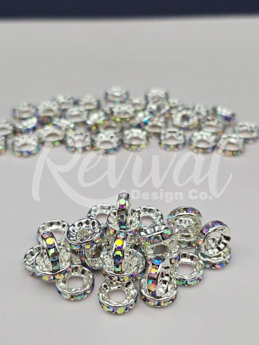 LARGE HOLE 10mm Rhinestone Spacers - Holographic Silver