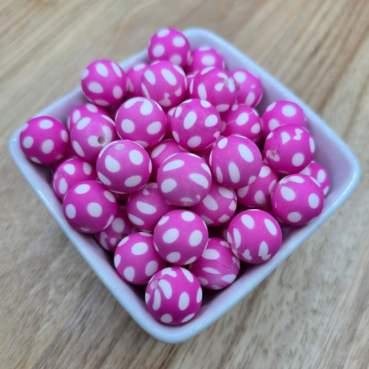 15mm Patterned Silicone Bead - Pink Polk-a-Dot