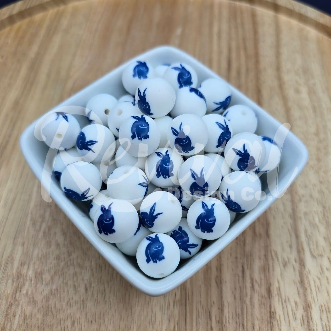 15mm Patterned Silicone Bead - Blue Bunny