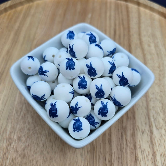 15mm Patterned Silicone Bead - Blue Bunny