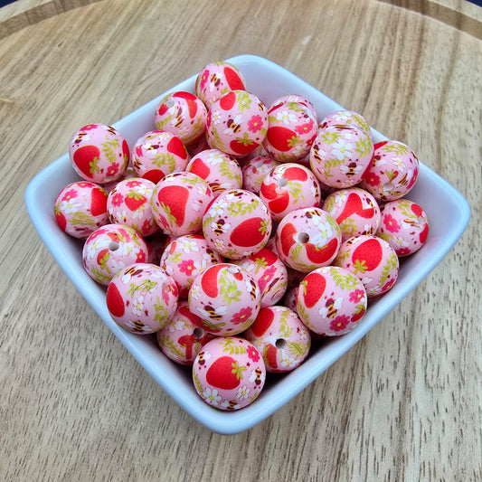 15mm Patterned Silicone Bead - Strawberry Pickin'