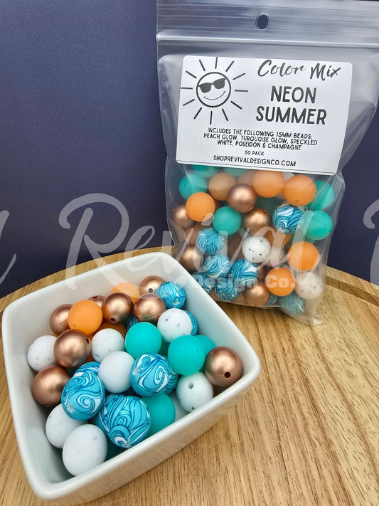 Neon Summer Color Mix - 15mm Silicone Beads - 50 Pack