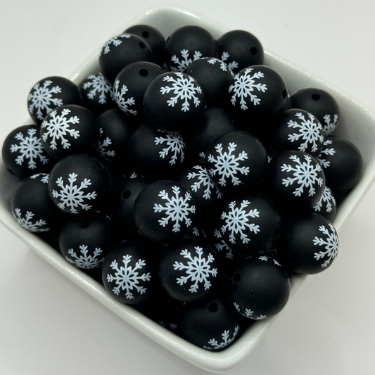 15mm Patterned Silicone Bead - Black Snowflake