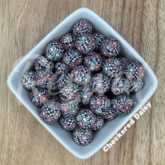 15mm Patterned Silicone Bead - Checkered Daisy