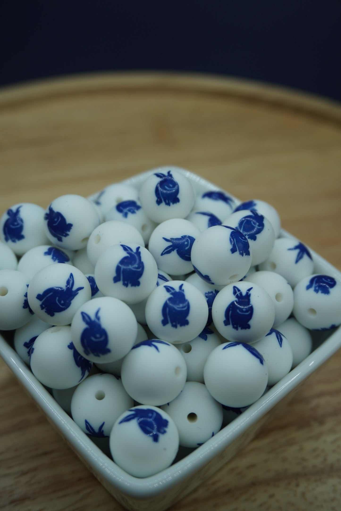 15mm Patterned Silicone Bead - Blue Bunny