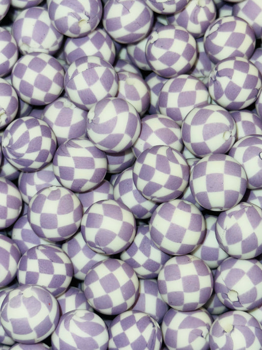 15mm Patterned Silicone Bead - Murphy's Check - Purple