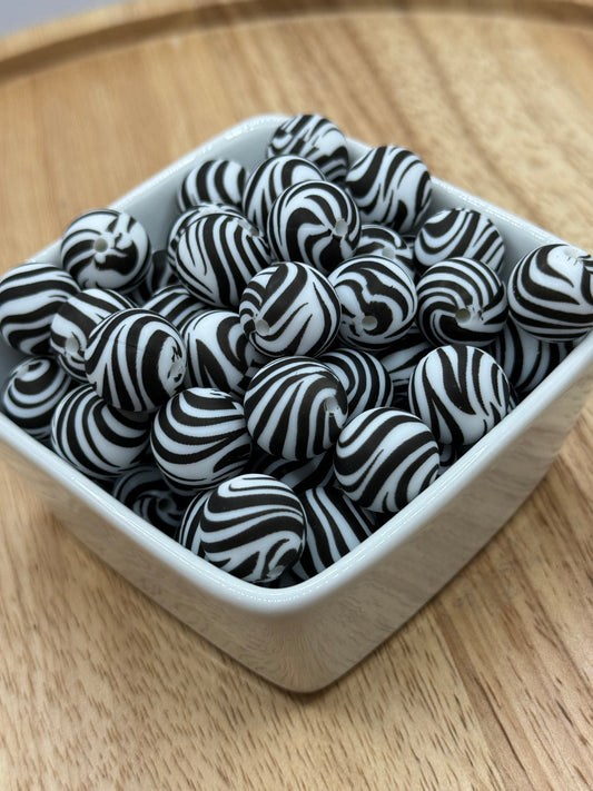 15mm Patterned Silicone Bead - Zebra