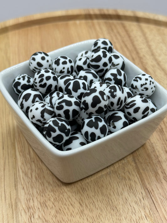 15mm Patterned Silicone Bead - Cow Print