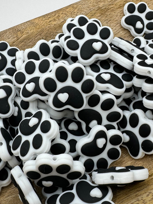 Black & White Paw Print - Silicone Focal Bead