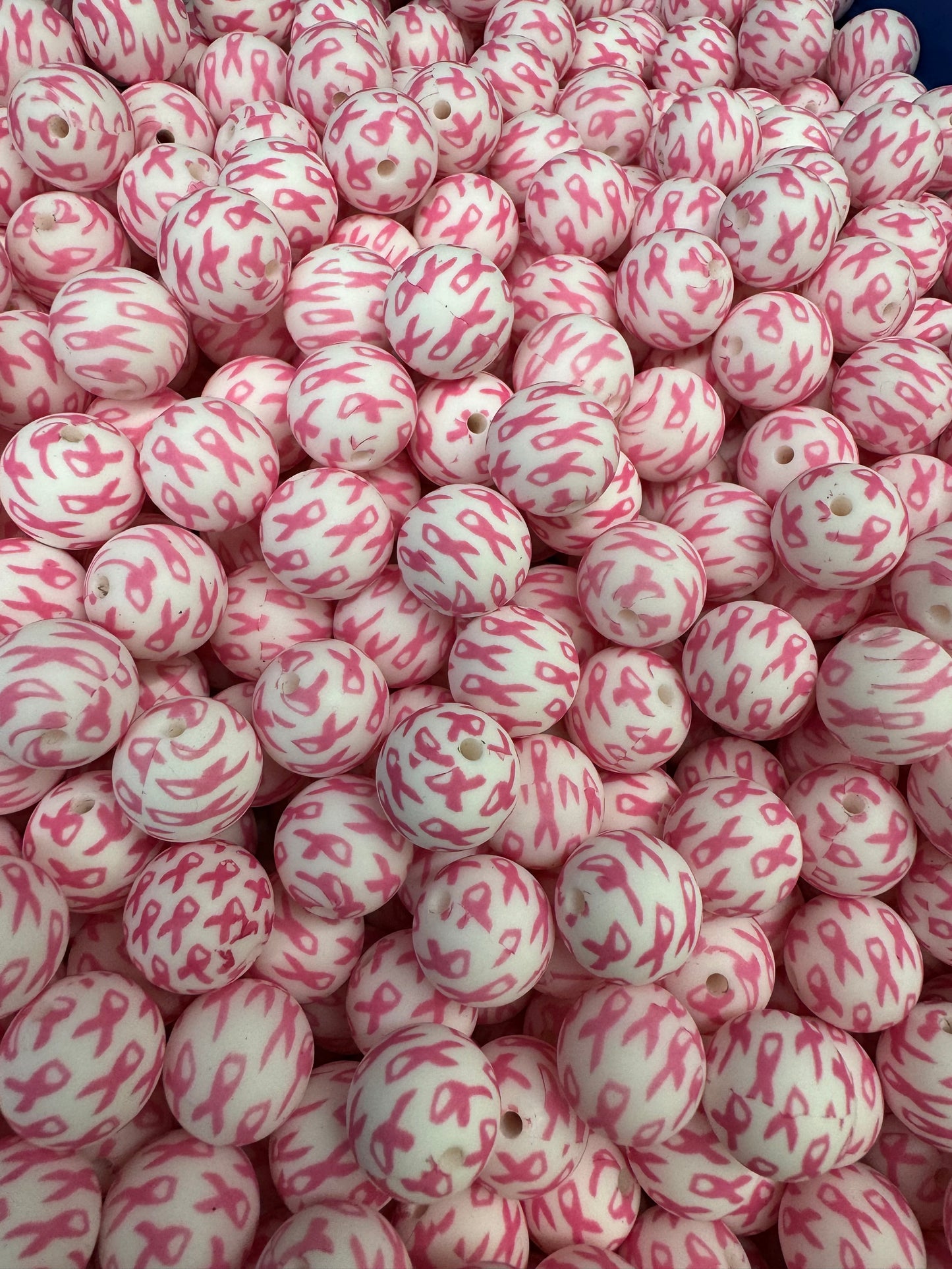 15mm Patterned Silicone Bead - Breast Cancer Ribbon Print