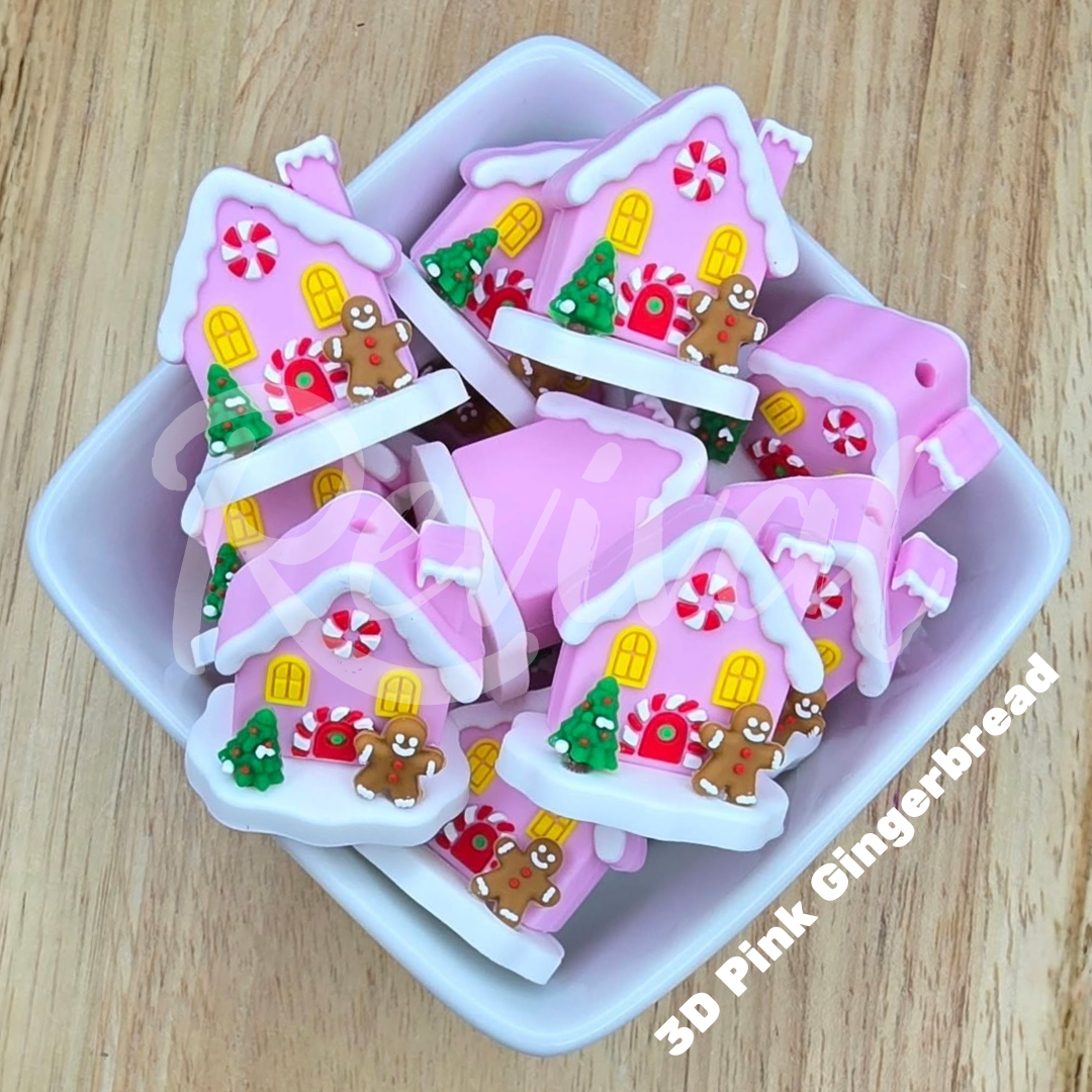 3D Pink Gingerbread House - Silicone Focal Bead