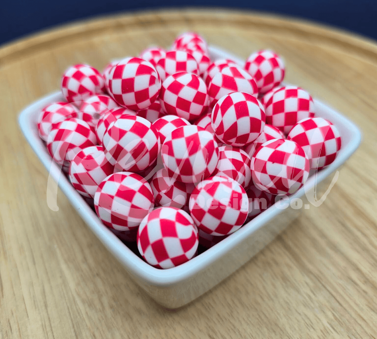 15mm Patterned Silicone Bead - Red Checker
